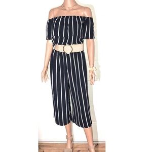 Sydney Rose Blue and White striped off the shoulder Romper/Jumpsuit Medium